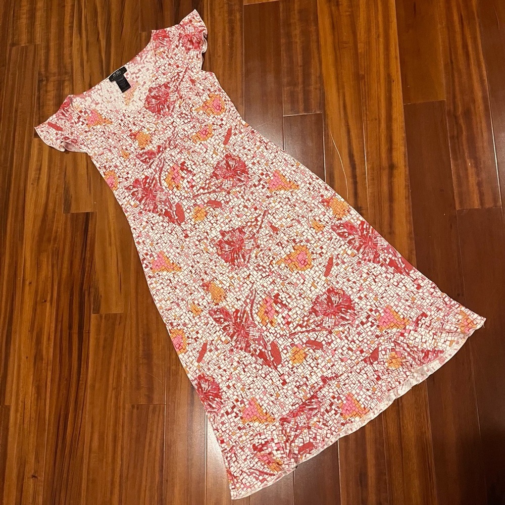 BCBG Max Azria Y2K Pink Floral Dress Short Sleeve Flutter‎ Ruffle Hem Size Small